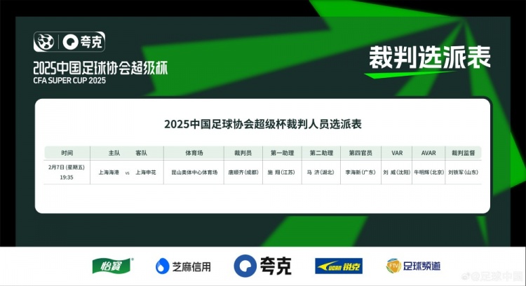  超級杯海港vs申花裁判員名單：主裁判唐順齊，VAR劉威