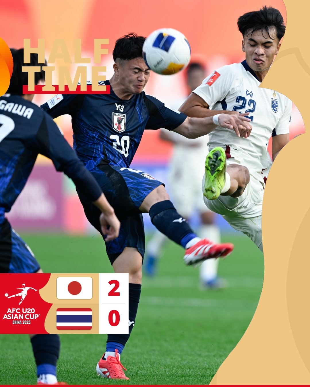  半場-日本U20 2-0領先泰國U20，石井久繼破門+中柱 泰國0射正