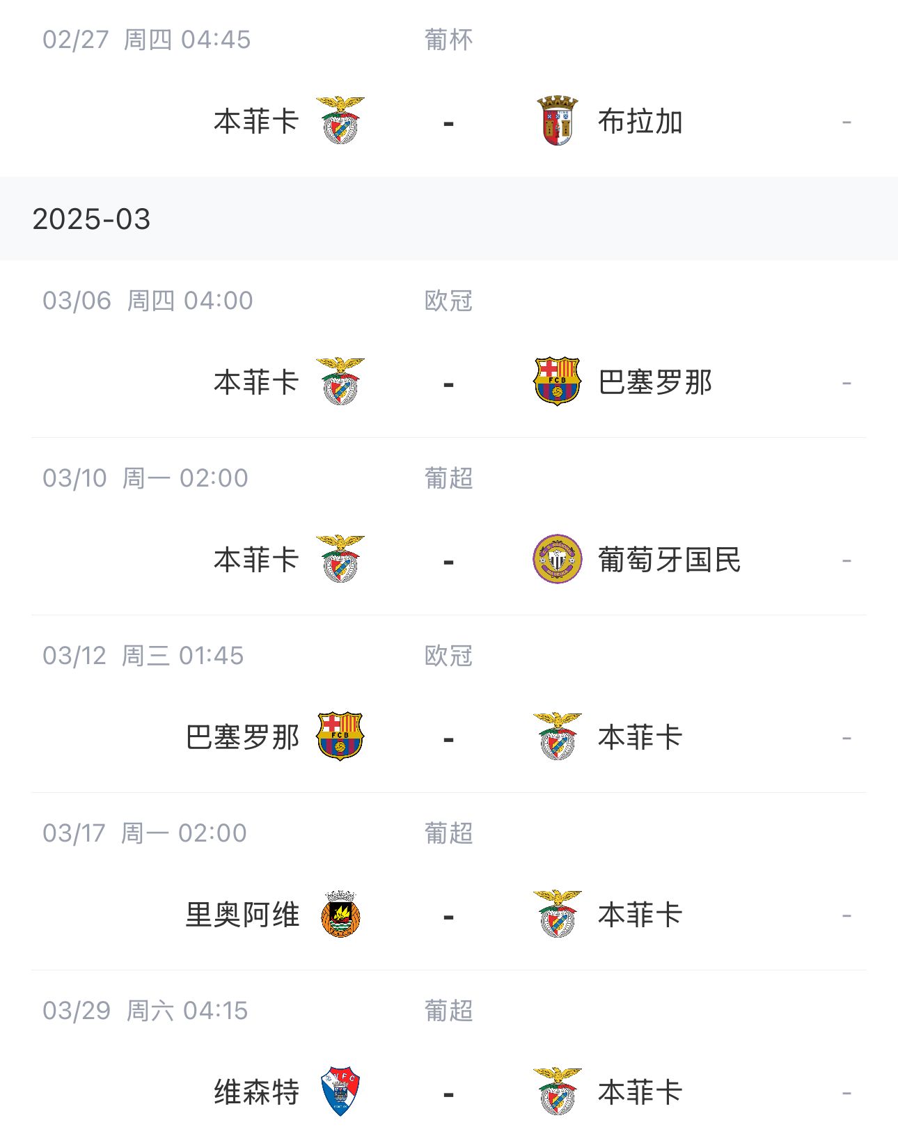  讓路歐冠！本菲卡戰(zhàn)巴薩首回合比賽前的葡超比賽推遲進(jìn)行