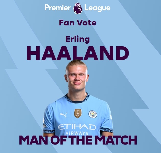  打進致勝球！英超官方：哈蘭德當選曼城1-0熱刺全場最佳球員