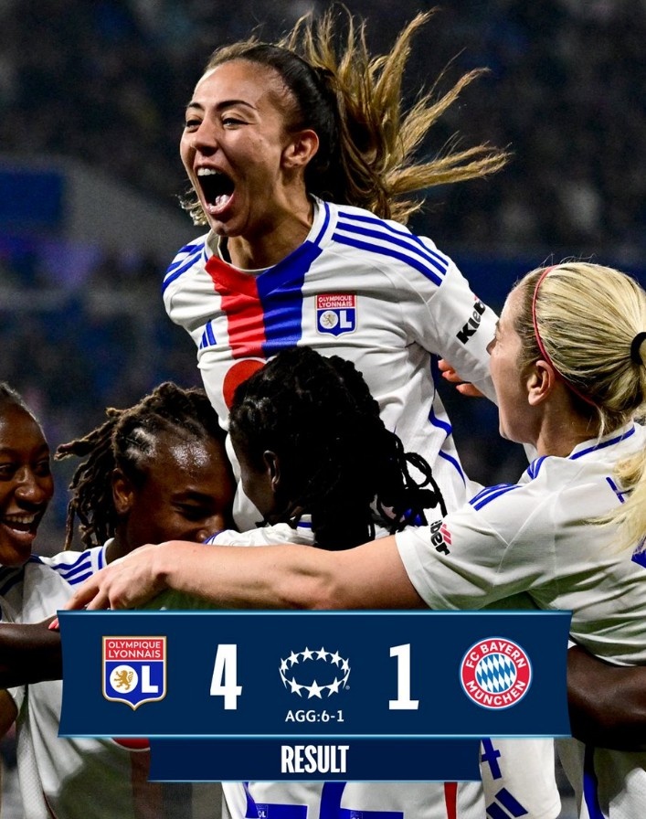  里昂女足4-1大勝拜仁女足，總比分6-1晉級(jí)女足歐冠半決賽